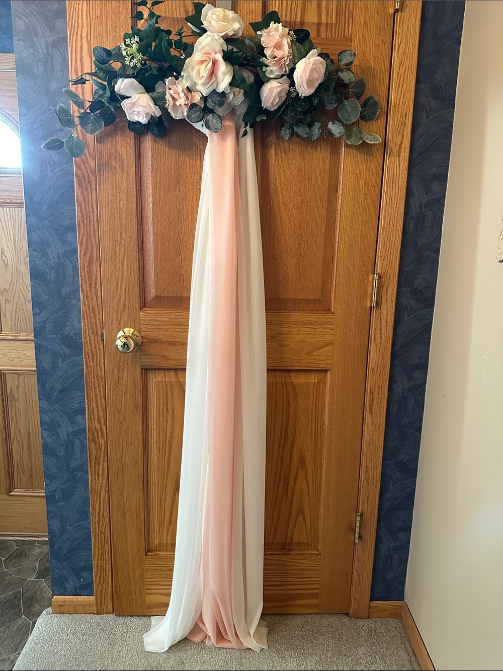 Floral Hanging 24"  Swag with Blush and White Drapery Weddings or Welcome Signs